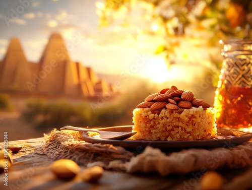 Moist, honeysoaked basbousa topped with almonds, Abu Simbel temples in the background, rich golden light, ultrarealistic North African dessert setup photo