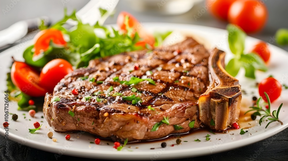 Juicy perfectly grilled T bone steak with charred grill marks served on a plate alongside a fresh and crisp side salad with tomatoes lettuce and herbs A delicious and healthy protein packed meal Juicy perfectly grilled T bone steak with charred grill marks served on a plate alongside a fresh and crisp side salad with tomatoes lettuce and herbs A delicious and healthy protein packed meal