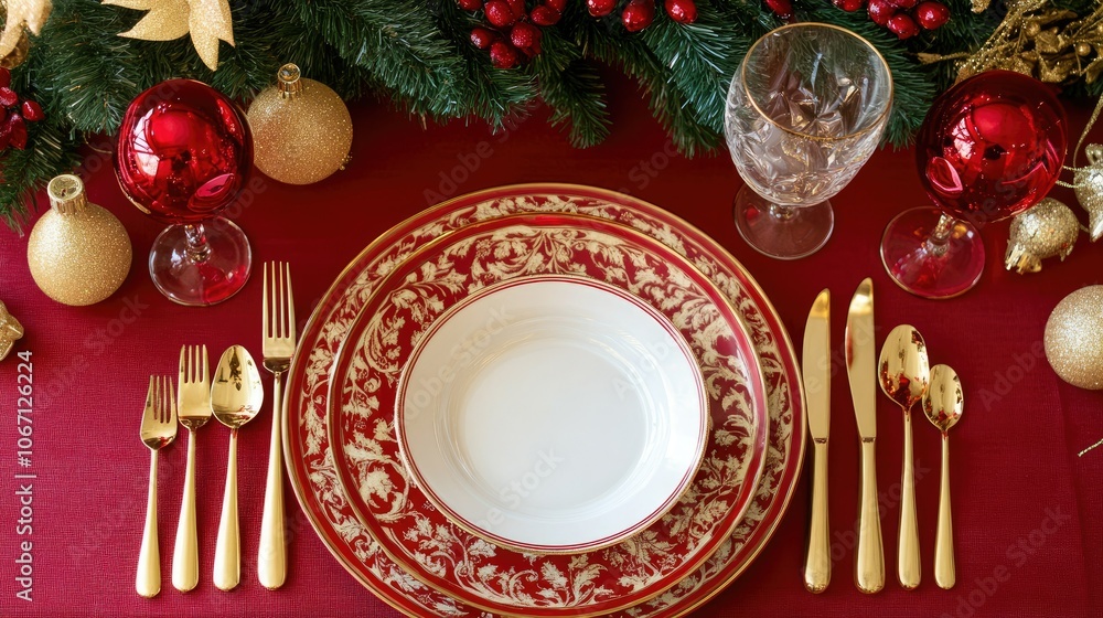 Christmas dining table setting with red and gold decor Christmas dining table setting with red and gold decor