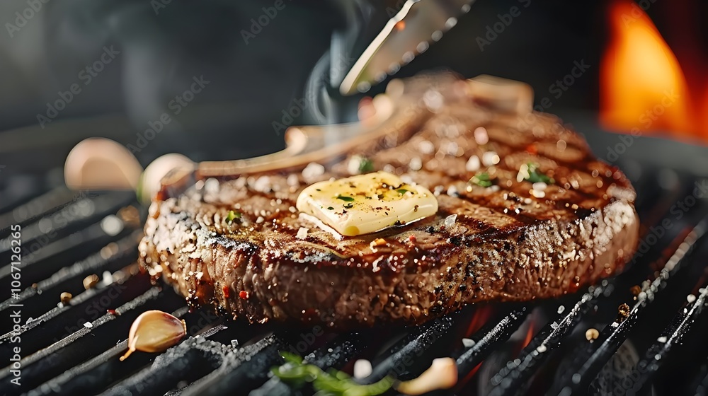 Juicy T Bone Steak Sizzling on a Hot Grill Basted with Melted Butter Garlic and Aromatic Herbs for a Flavorful and Appetizing Grilled Meat Dish Juicy T Bone Steak Sizzling on a Hot Grill Basted with Melted Butter Garlic and Aromatic Herbs for a Flavorful and Appetizing Grilled Meat Dish
