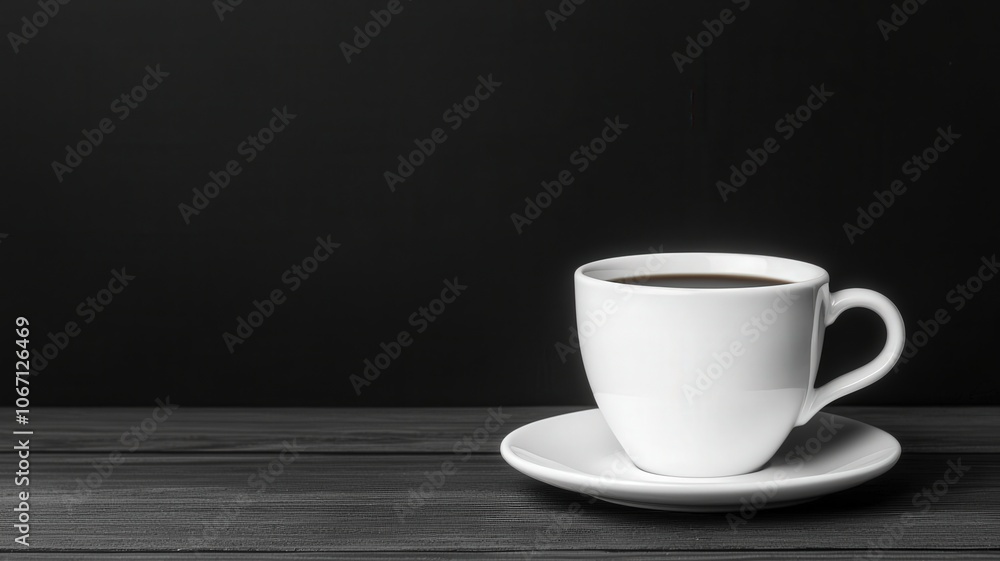 A minimalist image of a white cup filled with coffee on a dark wooden table against a black background. A minimalist image of a white cup filled with coffee on a dark wooden table against a black background.