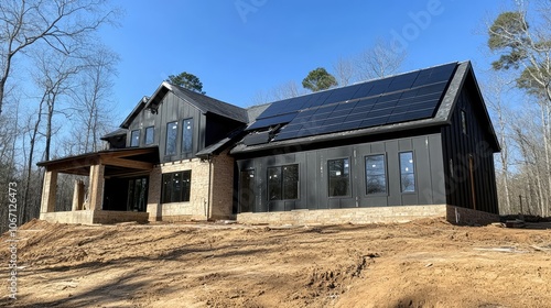 Modern Home with Solar Panels Amidst Nature