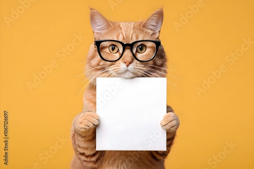 Portrait of a funny cat with eyglasses holding a blank sign with empty space for text, isolated yellow background