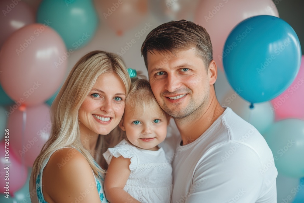 Parents smile lovingly while holding their baby, framed by pastel balloons, while another family enjoys outdoor bike rides, filling the scene with happiness and activity. Parents smile lovingly while holding their baby, framed by pastel balloons, while another family enjoys outdoor bike rides, filling the scene with happiness and activity.