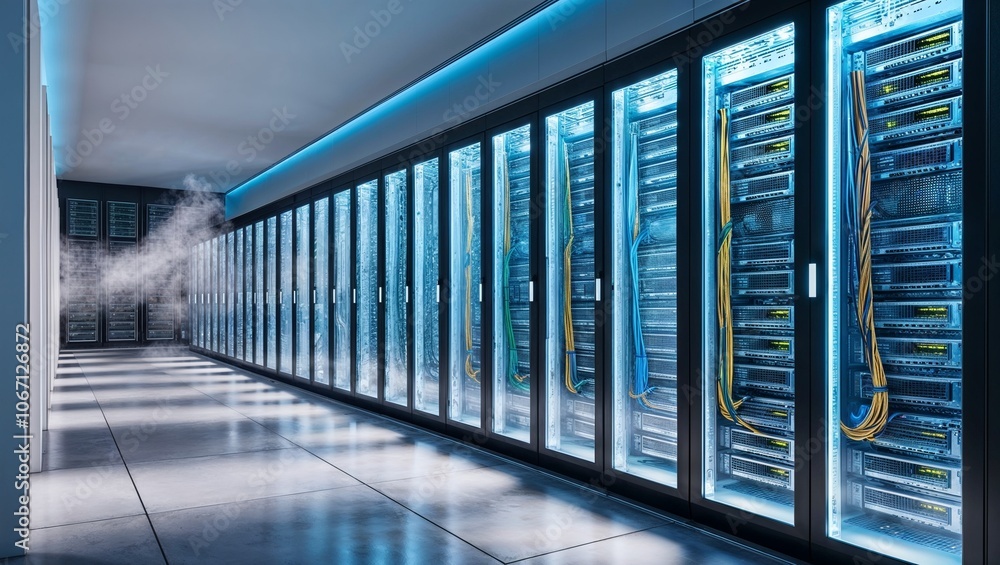 Fototapeta premium Futuristic Server Room in a Data Center: A Gleaming Hub of Technology and Innovation for Businesses and Tech-Focused Industries