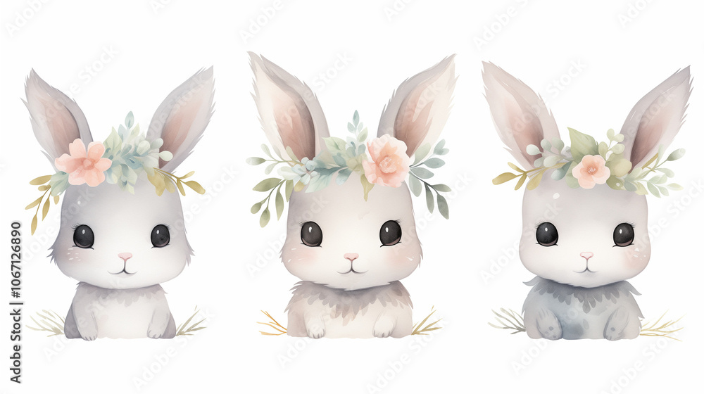 Rabbit with flower crown, Easter, watercolor Rabbit with flower crown, Easter, watercolor