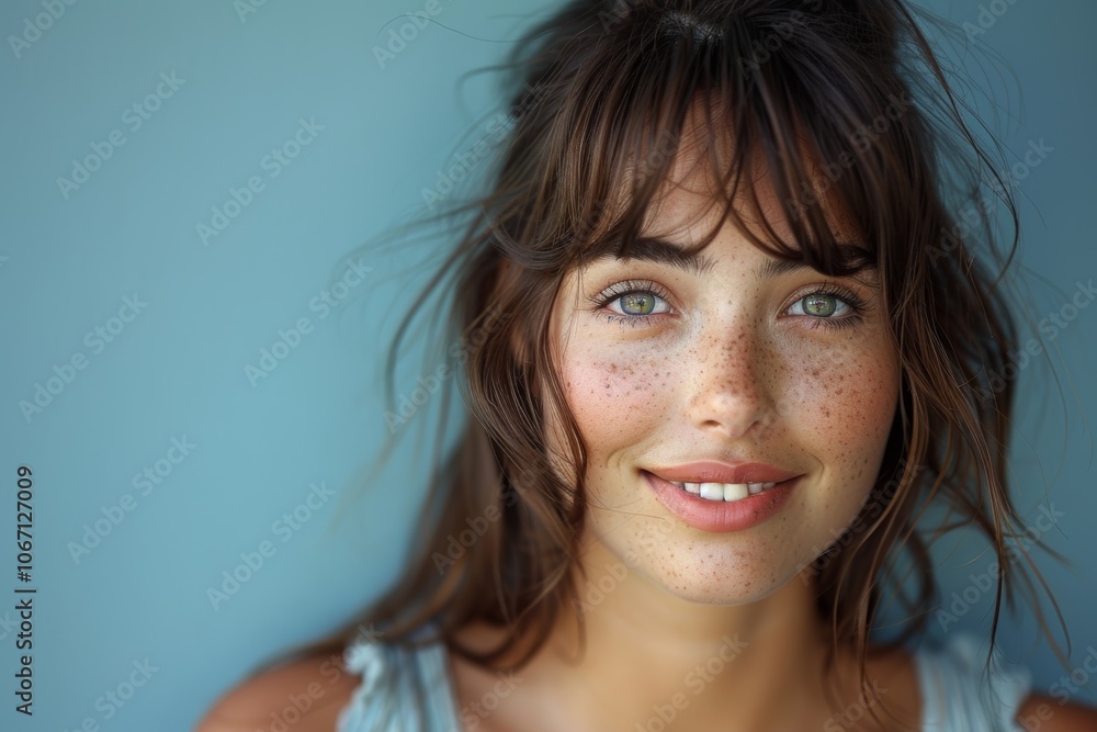 soft features long hair, smiles gently woman while wearing blue shirt against simple plain background. Her relaxed posture calm expression convey sense of ease natural beauty. soft features long hair, smiles gently woman while wearing blue shirt against simple plain background. Her relaxed posture calm expression convey sense of ease natural beauty.