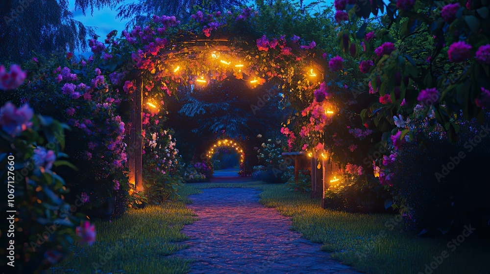Fototapeta premium Enchanted Garden Pathway with Twinkling Lights