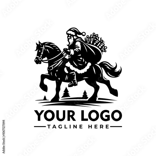 Santa Claus riding horse vector logo carrying gifts, bag Santa Claus riding horse with gifts, perfect for holiday designs, Christmas cards, festive promotions, winter decorations, and seasonal