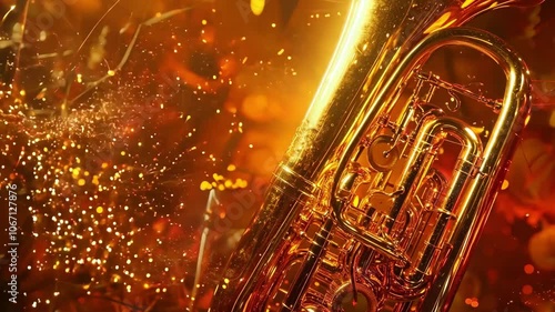 A golden trombone is surrounded by a glowing orange background. The image has a warm, inviting mood, as if it were a scene from a Halloween party