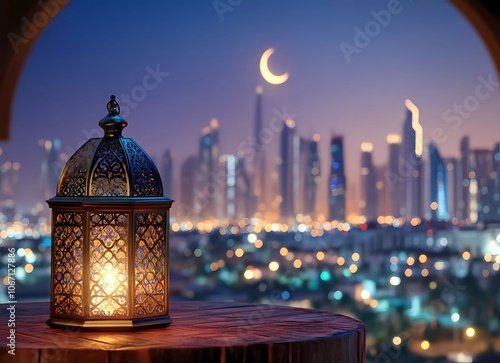 A lantern is placed on the table, there's an Arabian city in the background, Ramadan concept photo