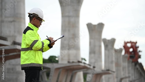 High-Speed Rail Bridge Construction, Engineers at Work on Motorway Construction Site, Planning and Problem Solving, Innovative Technology in Large-Scale Bridge Building