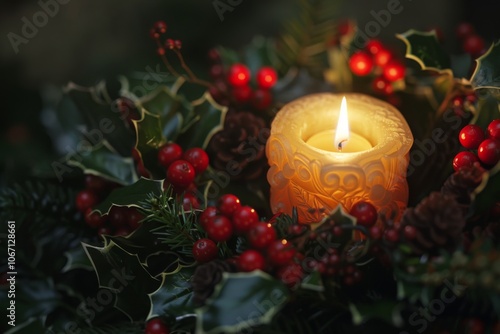 Glowing Candle Holly Centerpiece Macro Shot photo