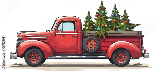Red Watercolor vintage christmas truck, christmas car, Merry Christmas and Happy New Year Postcard or Poster or Flyer template with retro pickup truck with christmas tree giftboxes vector illustration