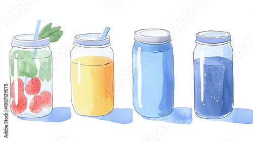 Four mason jars filled with colorful drinks: green with fruits, yellow juice, and two shades of blue, showcasing a refreshing beverage display. photo