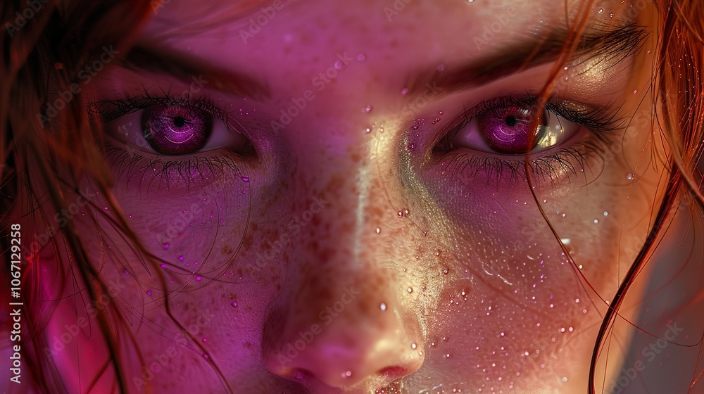 Close Up Portrait of Woman with Pink Eyes and Glowing Skin Close Up Portrait of Woman with Pink Eyes and Glowing Skin