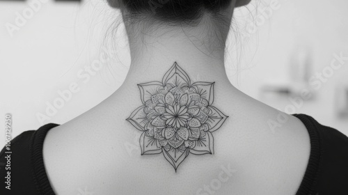 Elegant Mandala Flower Tattoo on Woman s Neck photo