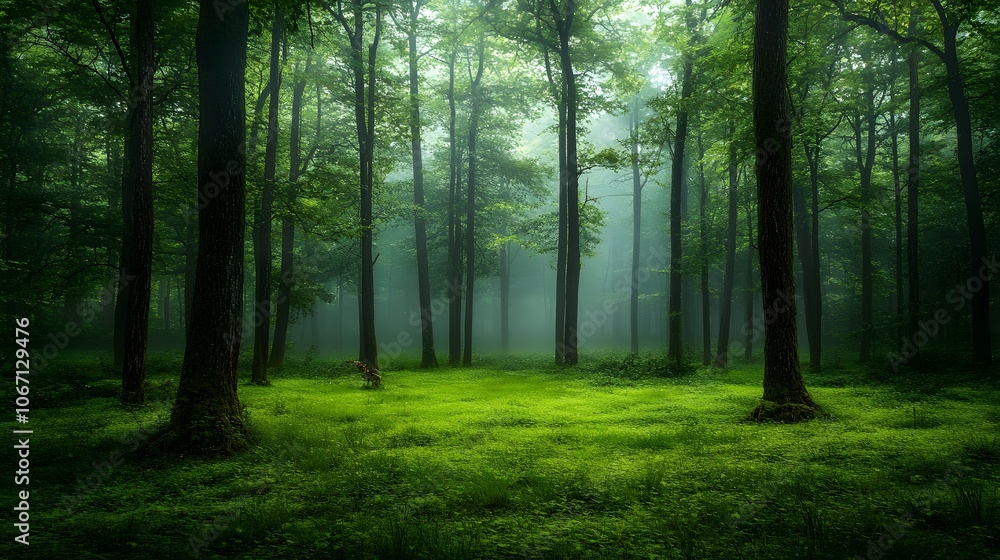Obraz premium A dense forest with tall trees, a green carpet of grass under the canopy, and mist rising from between them