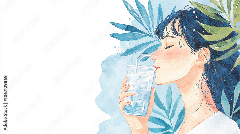 A serene illustration of a woman enjoying a refreshing drink surrounded by lush foliage. A serene illustration of a woman enjoying a refreshing drink surrounded by lush foliage.