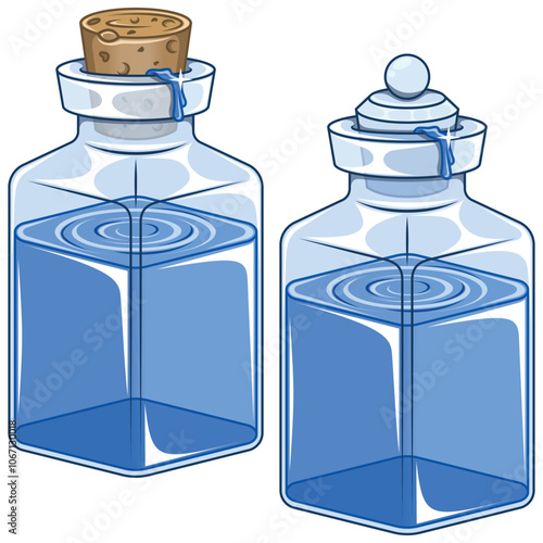 Glass bottle of liquid substances, magic potion containers with cork, Glass bottle with mineral water