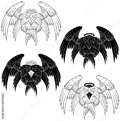 Seraph with six wings, angelic face of the Catholic religion, archangel with halo and feathers