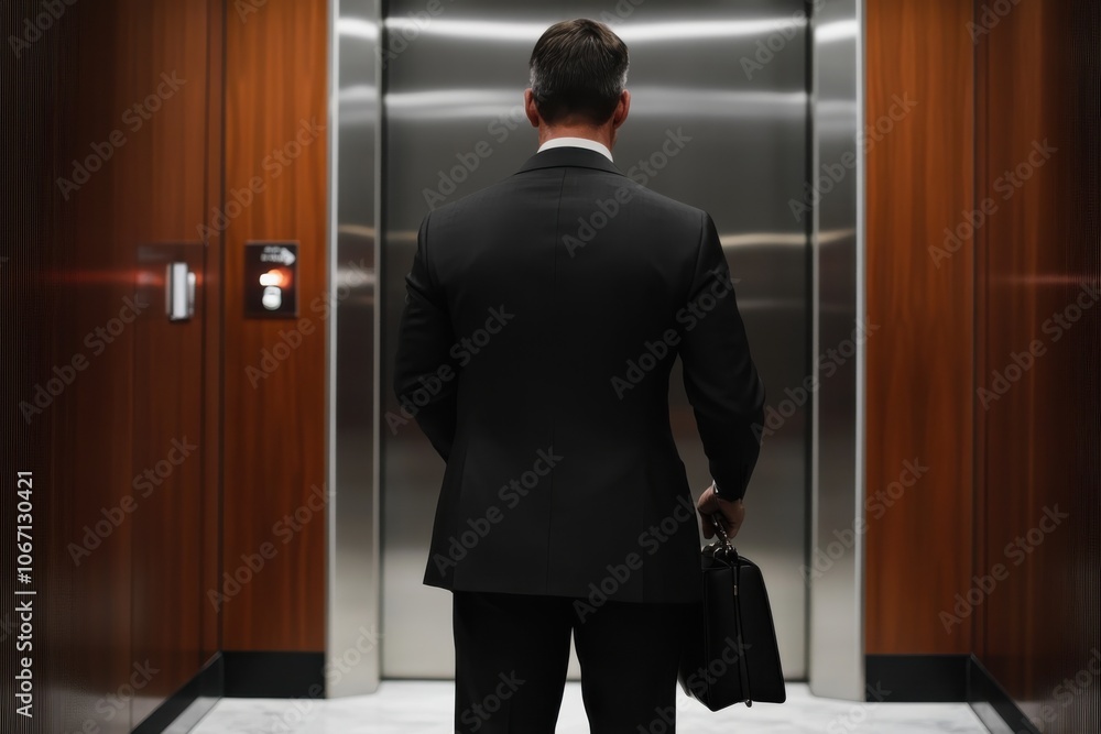 A businessman in a dark suit stands in front of closed elevator doors, holding a briefcase, waiting with patience and professionalism in a wood-paneled lobby. A businessman in a dark suit stands in front of closed elevator doors, holding a briefcase, waiting with patience and professionalism in a wood-paneled lobby.