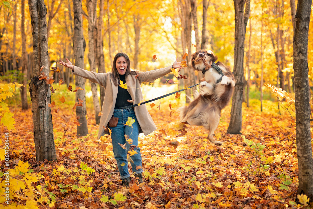 Loving woman with her shepherd Australian on fall season Loving woman with her shepherd Australian on fall season