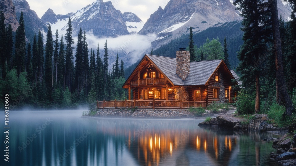 Fototapeta premium Serene Mountain Lake Cabin Misty Evening Log Home