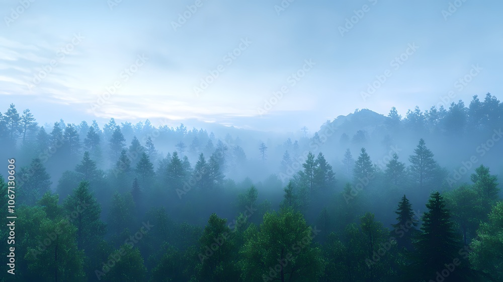 A dense forest with tall trees, a green carpet of grass under the canopy, and mist rising from between them A dense forest with tall trees, a green carpet of grass under the canopy, and mist rising from between them