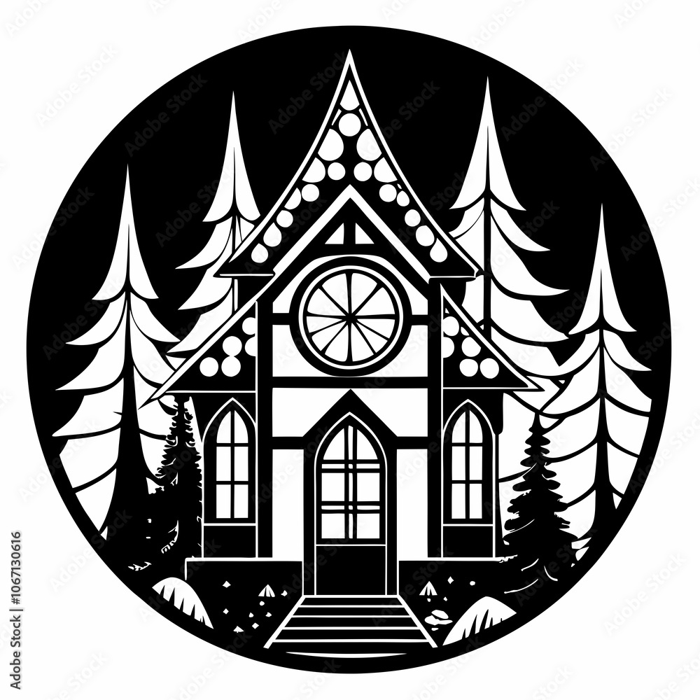 Fototapeta premium Christmas House round sing Black silhouette
