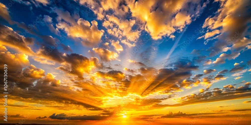 Fototapeta premium Stunning Minimalist Photography of a Vivid Sky at Sunset with Golden Shades and Soft Clouds, Capturing the Serene Beauty of Nature's Evening Palette