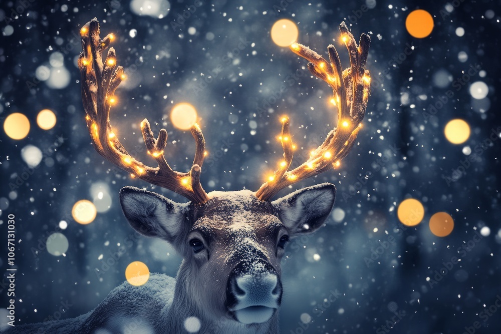 Christmas deer with light garland, merry christmas landscape Christmas deer with light garland, merry christmas landscape