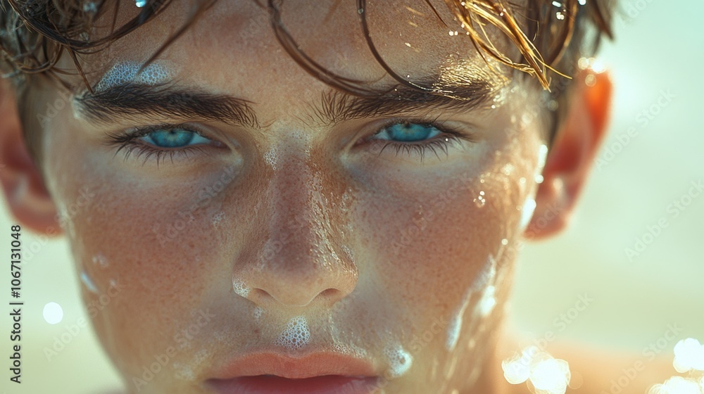 Teen Boy Portrait Blue Eyes Wet Hair Summer Sun Teen Boy Portrait Blue Eyes Wet Hair Summer Sun