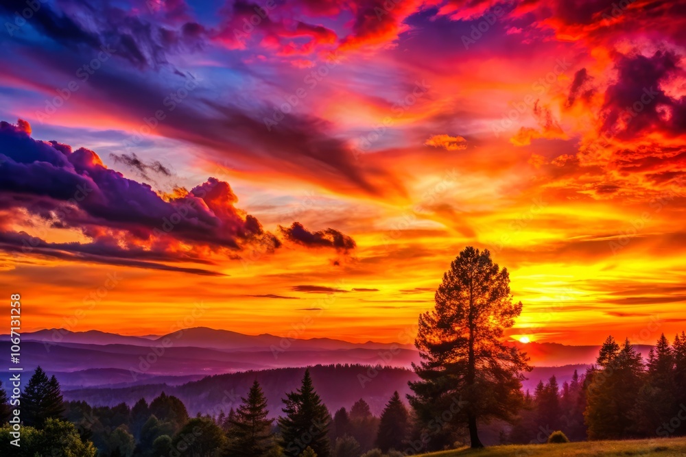 Fototapeta premium Stunning Sunset Over a Serene Landscape with Vibrant Colors of Orange, Pink, and Purple Blending Together as the Day Transitions into Night, Capturing Nature's Beauty and Tranquility