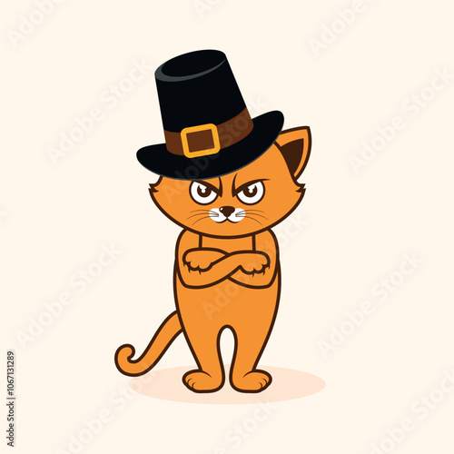 Grumpy cat with pilgrim hat vector illustration. Angry thanksgiving cat cartoon character. Funny orange cat with arms crossed icon vector. Cat hates thanksgiving drawing