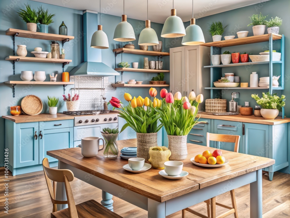 Stylish and Cozy Spring Kitchen with Island, Tulip Decor, Wooden Shelves, and Blue Accents in a Modern Dining Room Setting Stylish and Cozy Spring Kitchen with Island, Tulip Decor, Wooden Shelves, and Blue Accents in a Modern Dining Room Setting