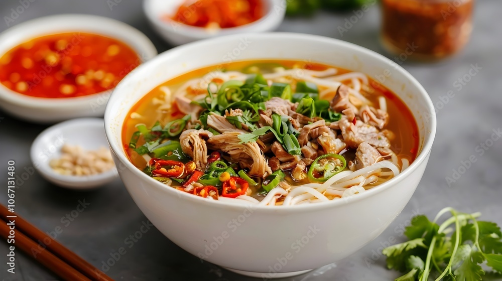 Steaming bowl of savory Asian style noodle soup with tender chicken aromatic herbs and a rich flavorful broth A traditional and comforting homemade dish bursting with fresh wholesome ingredients Steaming bowl of savory Asian style noodle soup with tender chicken aromatic herbs and a rich flavorful broth A traditional and comforting homemade dish bursting with fresh wholesome ingredients