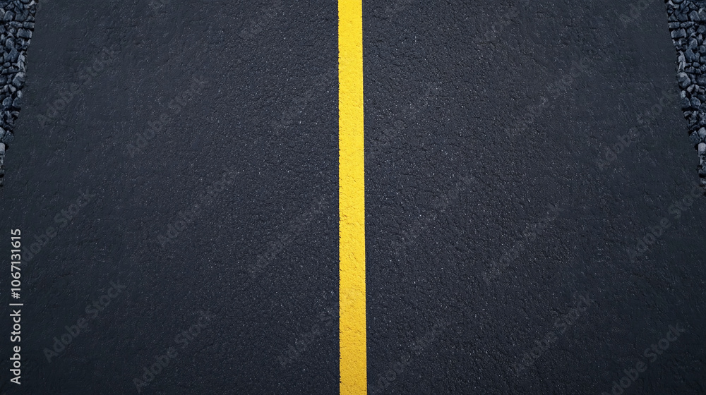 Black asphalt road with yellow stripe in the middle. View from above Black asphalt road with yellow stripe in the middle. View from above