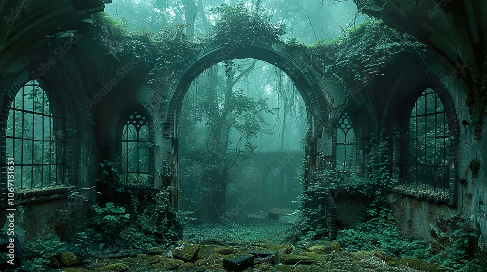 Overgrown Ruins of a Church in a Misty Forest Overgrown Ruins of a Church in a Misty Forest