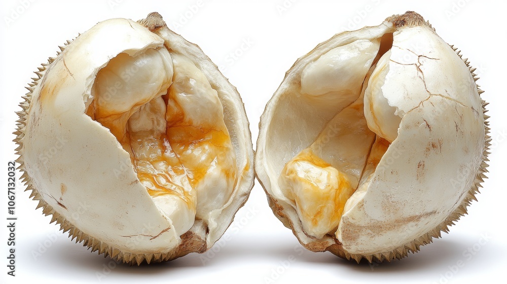 Exotic Durian Fruit Opened Ripe Tropical Creamy Sweet Tasty Asian Food Closeup Studio White Exotic Durian Fruit Opened Ripe Tropical Creamy Sweet Tasty Asian Food Closeup Studio White