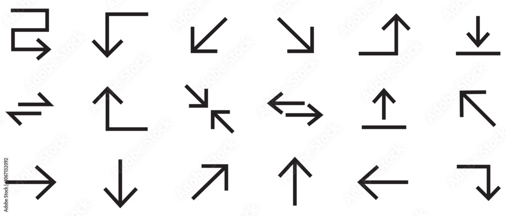 Line Arrow vector icon set. Set of arrow design, button, next, play, fast. Vector thin line right arrow, minimize, turn right, diagonal arrow. Vector illustration. Line Arrow vector icon set. Set of arrow design, button, next, play, fast. Vector thin line right arrow, minimize, turn right, diagonal arrow. Vector illustration.