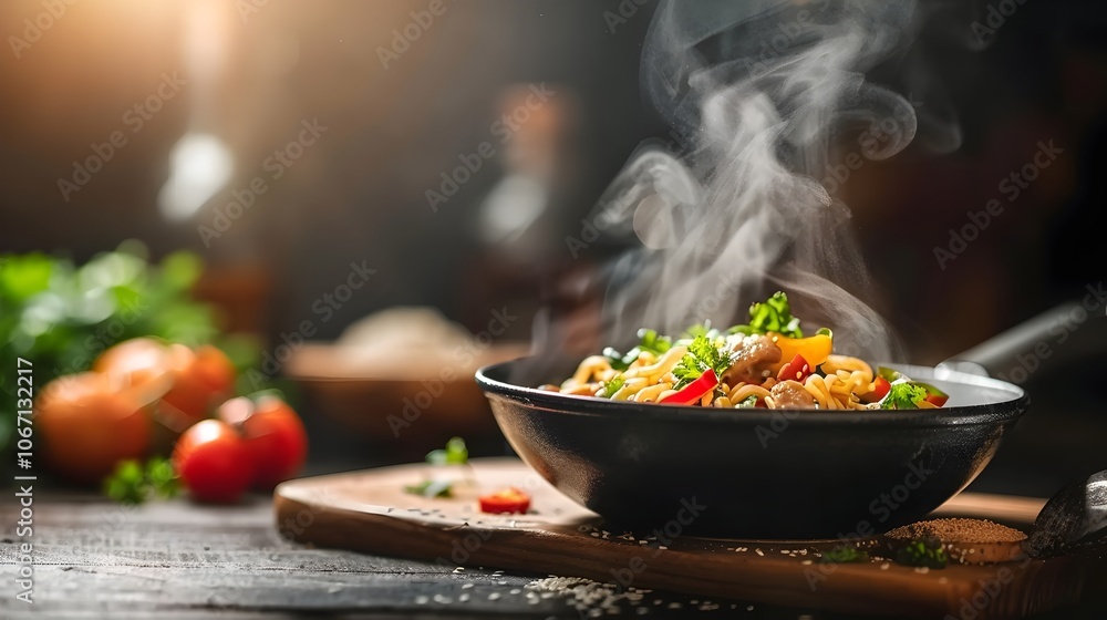 Steaming bowl of savory Japanese ramen noodle soup with thick chewy noodles rich broth and a colorful garnish of fresh herbs and spices Steaming bowl of savory Japanese ramen noodle soup with thick chewy noodles rich broth and a colorful garnish of fresh herbs and spices