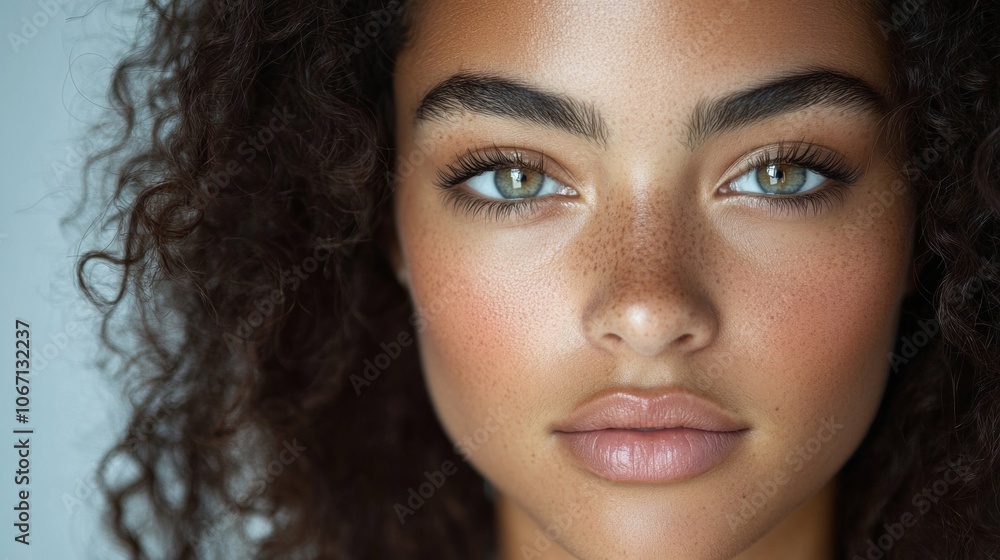 Close up Portrait of a Young Woman with Freckles and Curly Hair Close up Portrait of a Young Woman with Freckles and Curly Hair