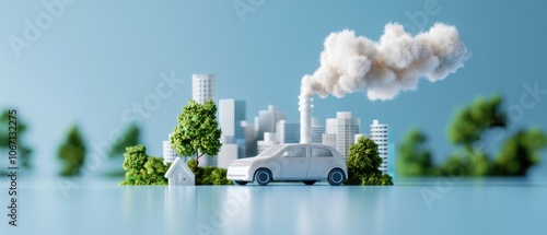 Electric cars driving through a clean city, where CO2 is shown being neutralized by trees