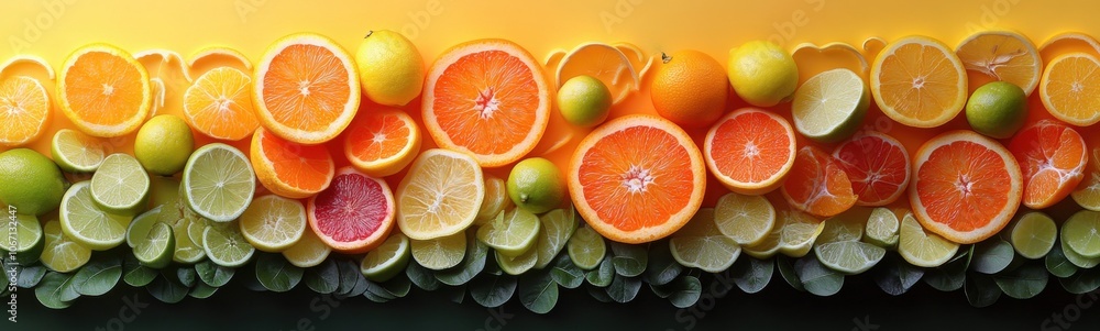 Many slices of oranges and limes arranged on a yellow background Many slices of oranges and limes arranged on a yellow background
