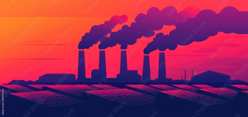 Fototapeta premium Factories burning coal with dark emissions, contrasted with a nearby solar energy farm