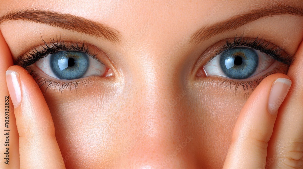 Naklejka premium Close up of Woman s Beautiful Blue Eyes Skin and Hands