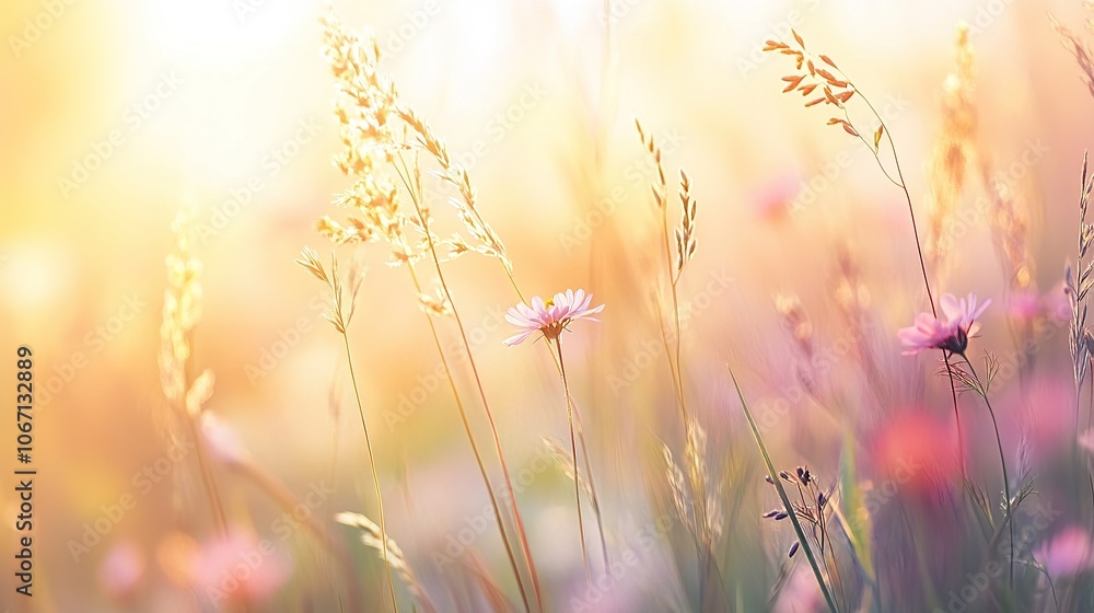 Wildflowers Blooming in Meadow at Sunset with Warm Light. Wildflowers Blooming in Meadow at Sunset with Warm Light.
