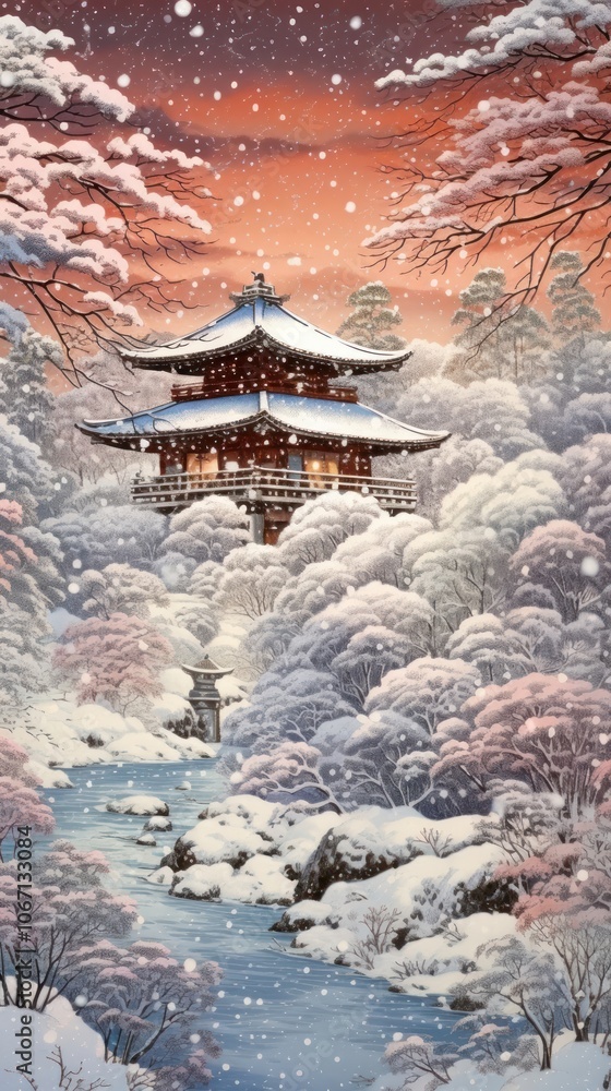 Fototapeta premium Traditional japanese vivid snowing landscape architecture tradition building.