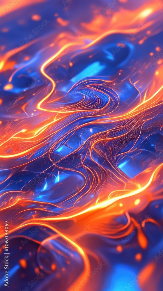 Dynamic abstract composition with vibrant blue and orange flowing patterns, evoking a sense of energy and movement.